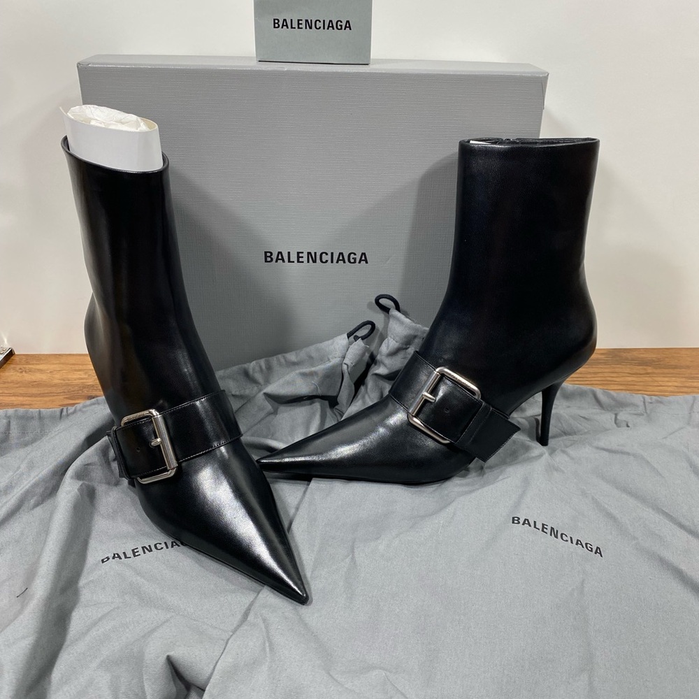 Balenciaga Knife Belt bootie Black sheepskin leather Heeled Boots silver Buckle